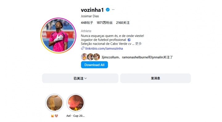 佛得角门将沃齐尼亚社媒粉丝数突破1871万，超库尔图瓦成门将第一