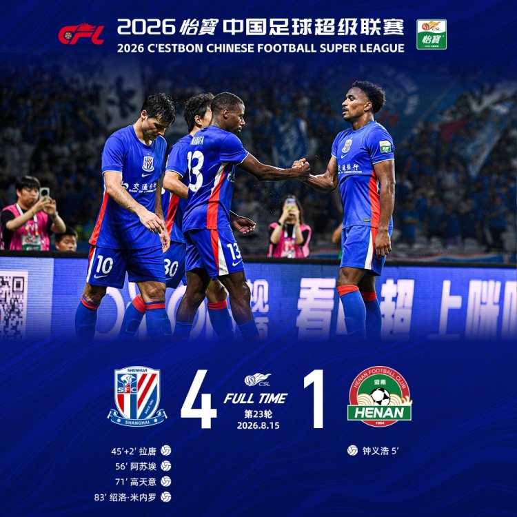 高天意百场传射 申花主场4-1逆转河南 高天意百场传射 申花主场4-1逆转河南
