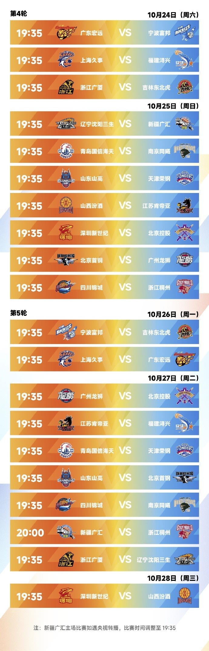 CBA新赛季常规赛完整赛程出炉：10月16日开打 揭幕战上海VS深圳