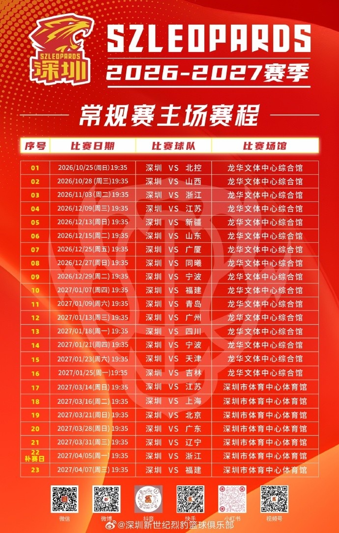 赛程正式出炉，双主场赴新程
